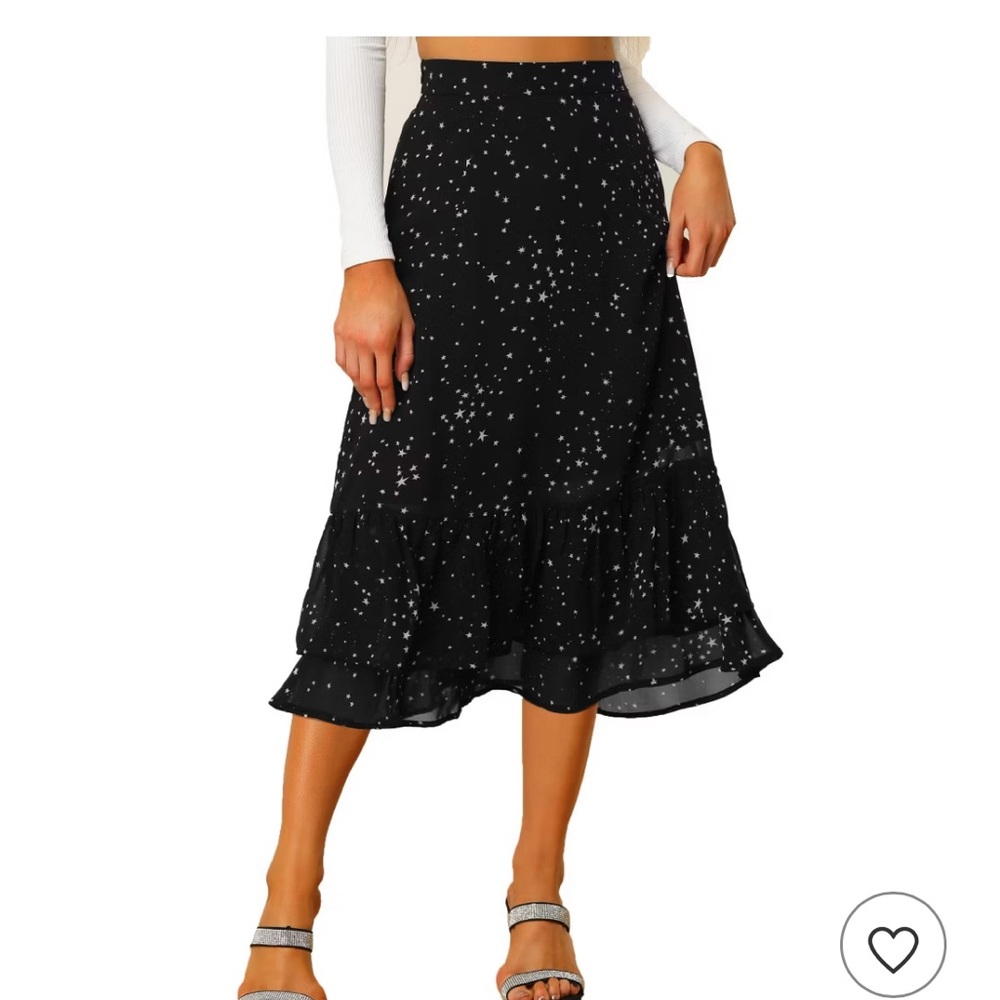 Black Star-Print Ruffle Hem Midi Skirt